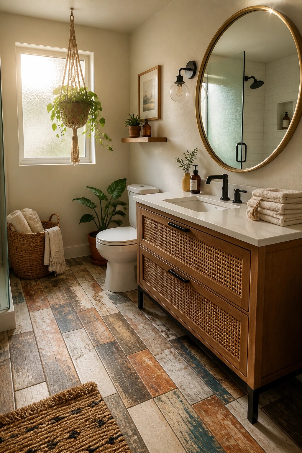 A bathroom interior featuring wood look tile flooring in mixed brown and gray tones, a white toilet, a wooden vanity with cane panels, and a large round mirror above the sink.