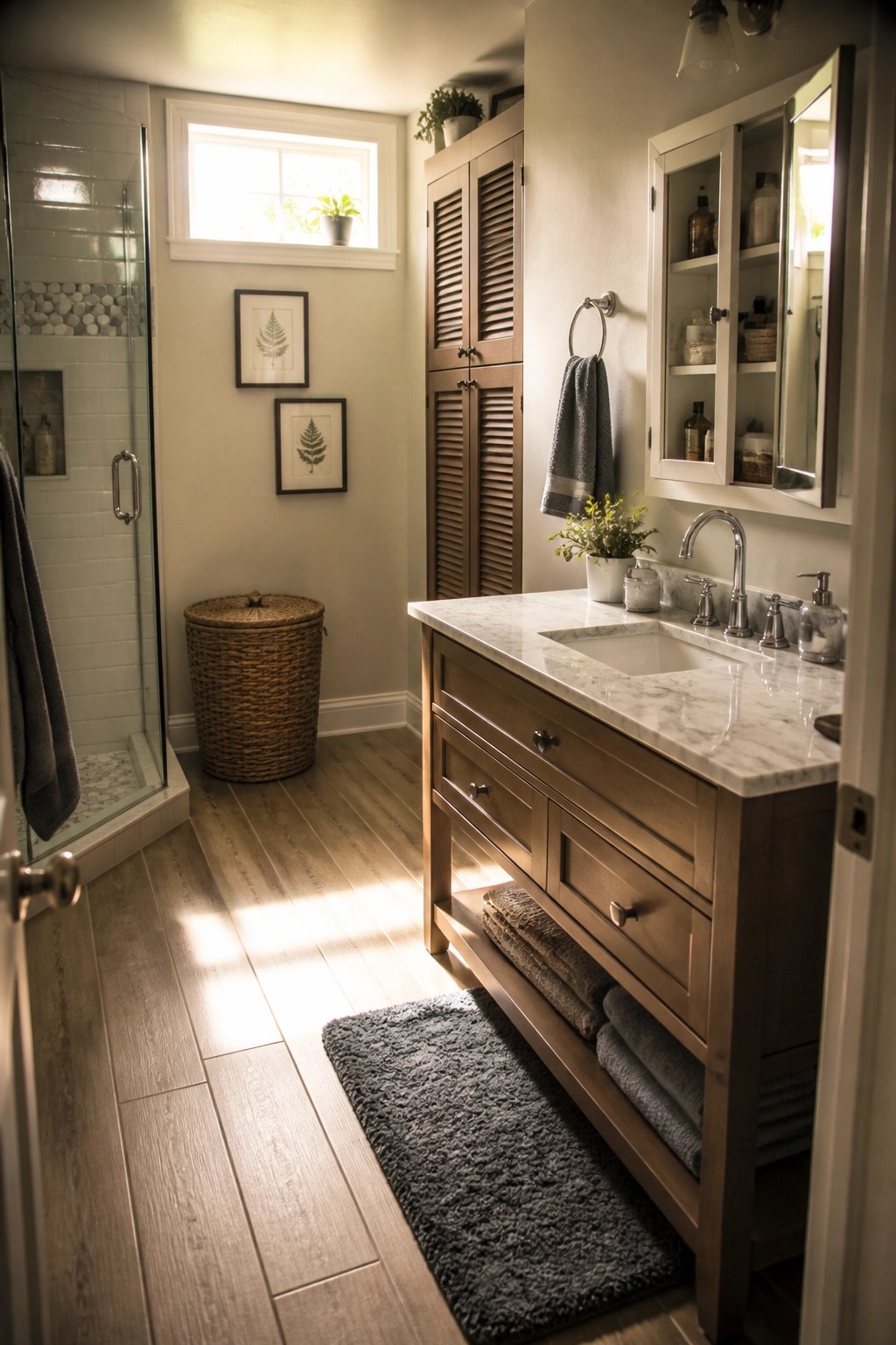A bathroom interior showing light wood look tile flooring, a wooden vanity with marble top, a woven rug, and a glass shower on the left.