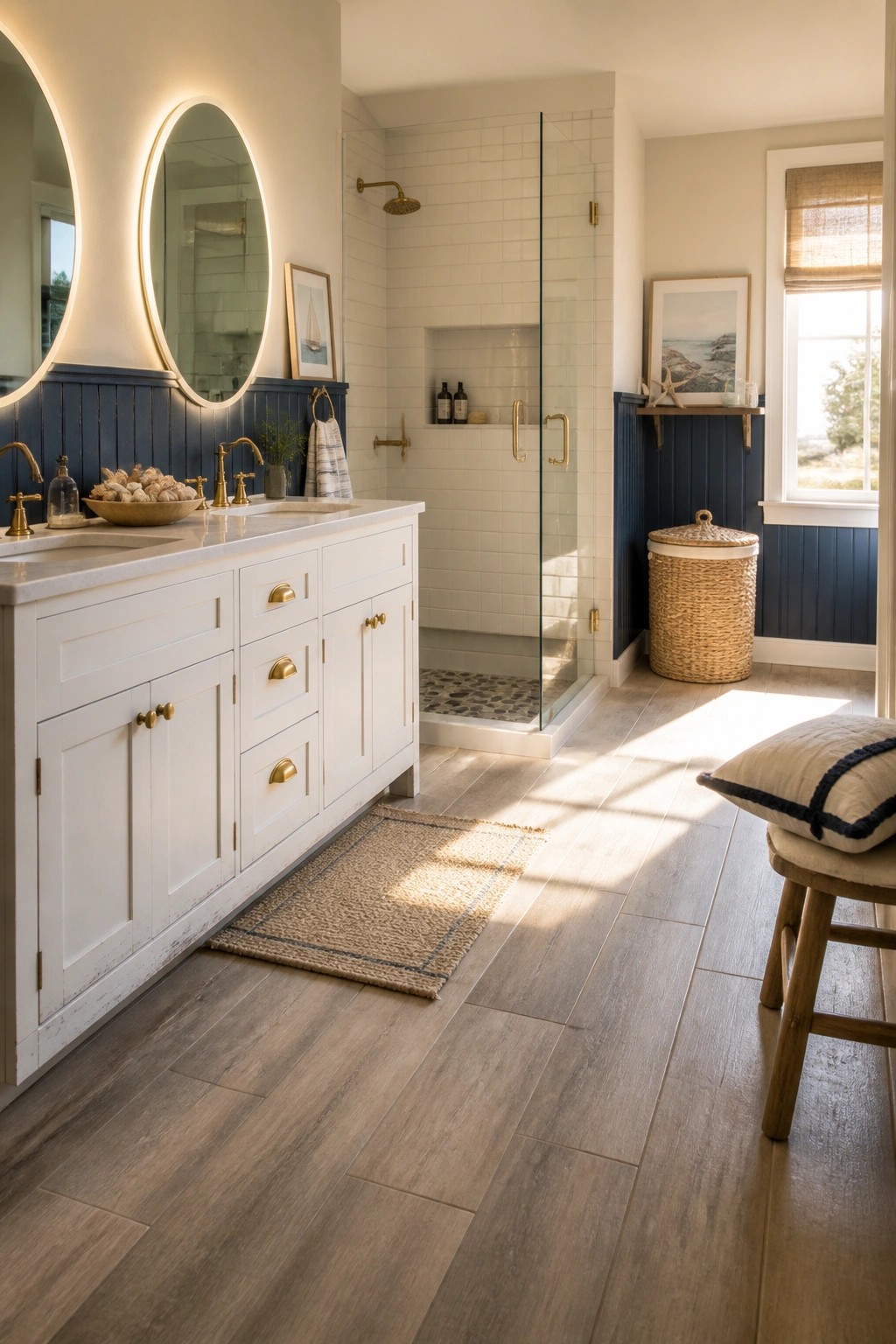 A bathroom with light wood-look tile flooring, a white vanity with brass fixtures, and a glass-enclosed shower with white subway tile.