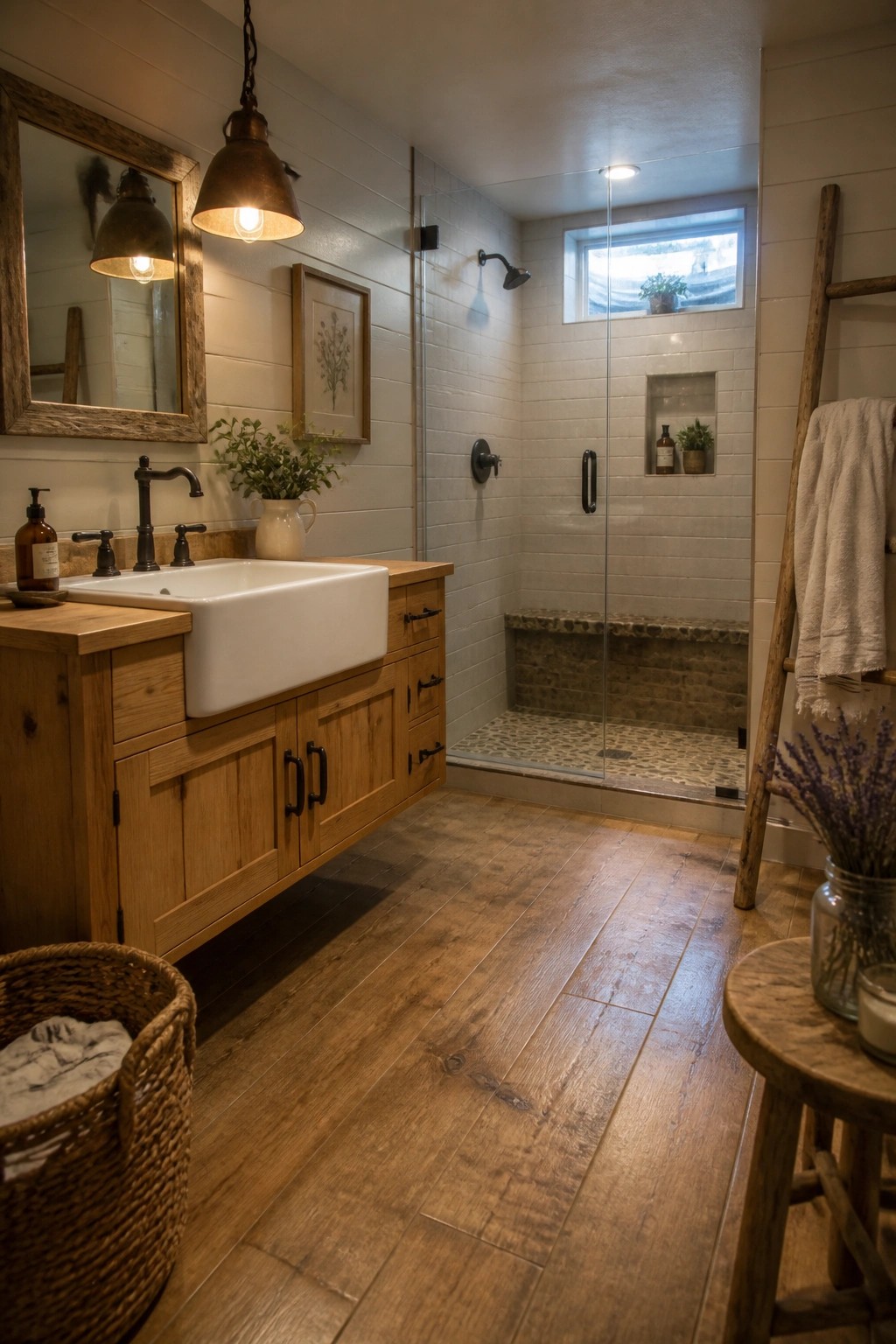 A bathroom interior showing wood look tile plank flooring, a white farmhouse sink on a wooden vanity, and a glass enclosed shower with white subway tile.