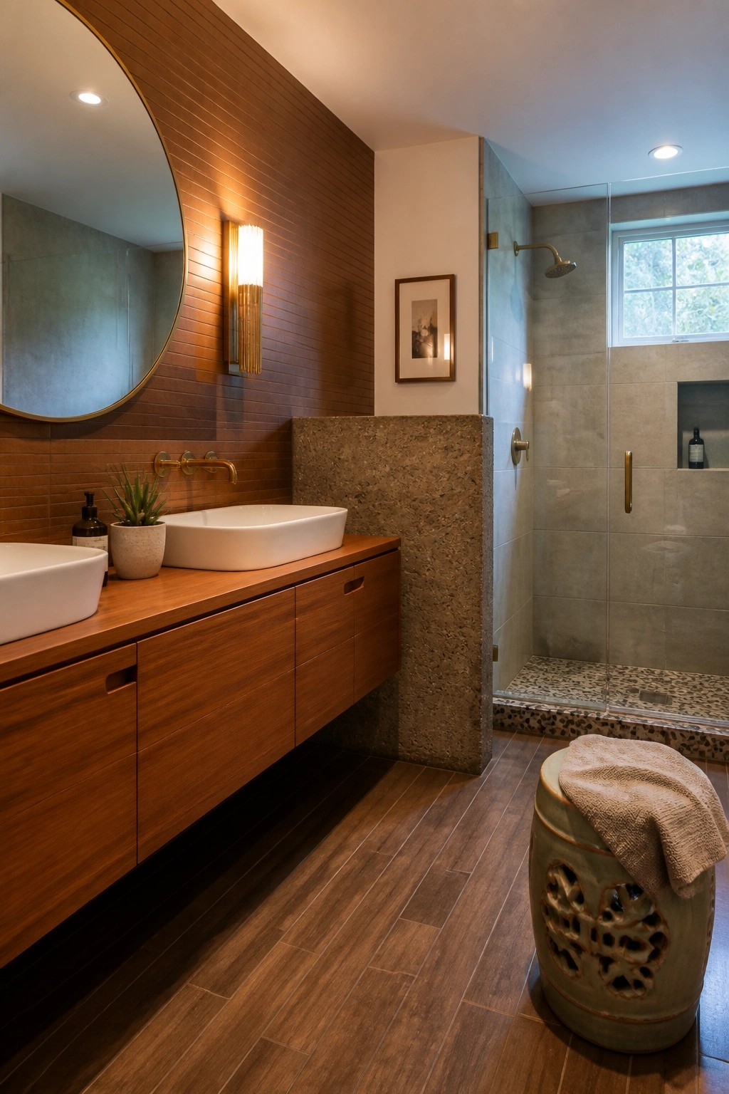 A modern bathroom with dark wood-look tile flooring, a floating wood vanity with two vessel sinks, a round mirror, and a glass shower enclosure.