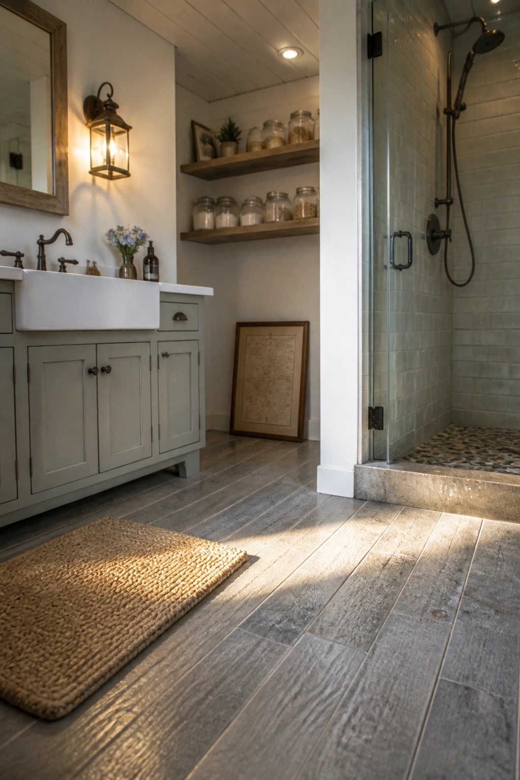 A bathroom interior featuring gray wood-look tile flooring, a white farmhouse sink on a gray vanity, open wooden shelves with glass jars, and a glass shower with gray subway tile walls.