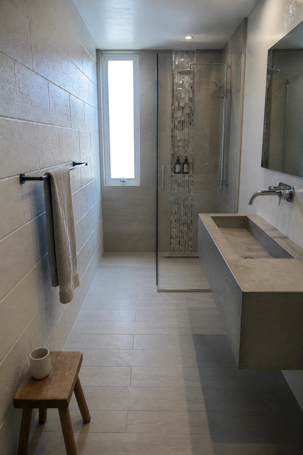A modern bathroom with light gray wood-look tile flooring, a floating concrete vanity, and a glass shower enclosure.