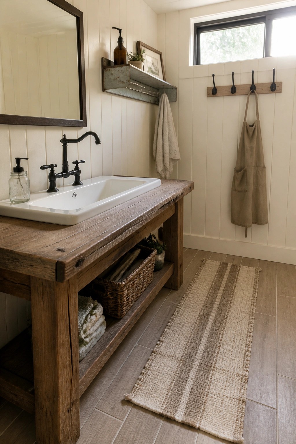 A bathroom interior showing light wood look tile flooring with a striped rug, a rustic wood vanity with white sink, and wall hooks holding an apron.
