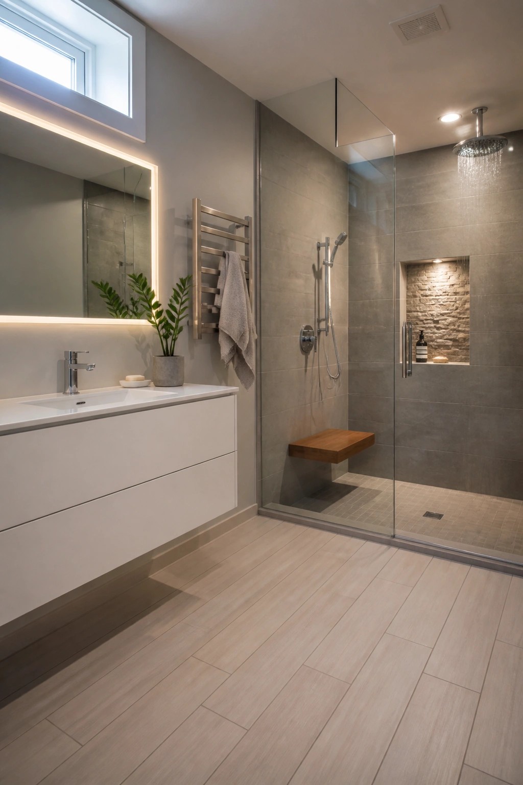 A modern bathroom featuring light wood look tile flooring, a floating white vanity with integrated sink, and a glass shower enclosure with a wooden bench.