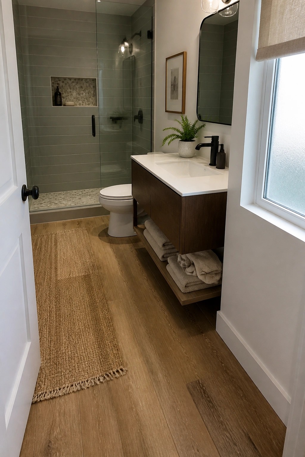 A modern bathroom featuring wood-look tile flooring, a glass shower, floating wood vanity, and white toilet.