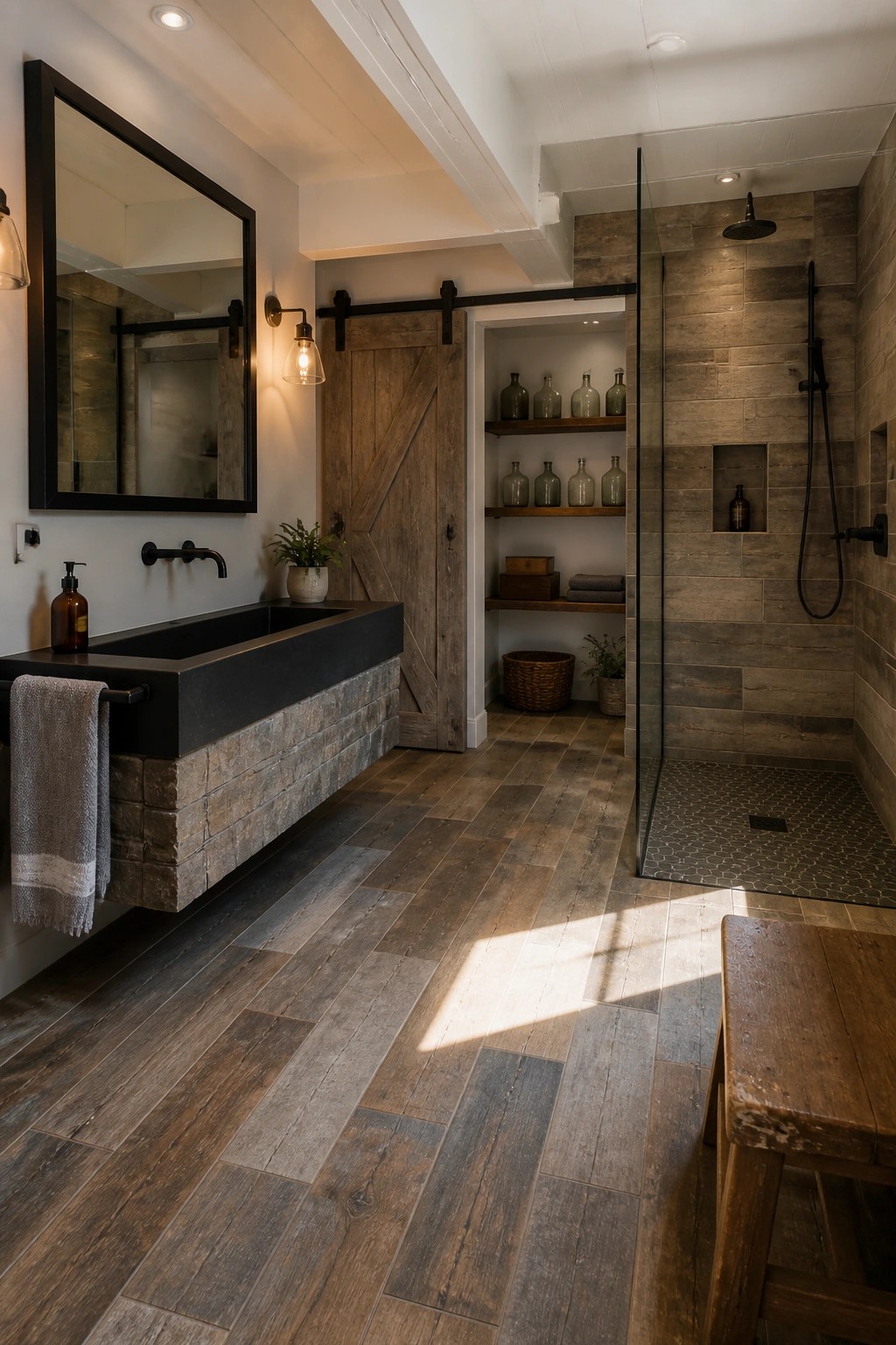 Rustic bathroom with black floating sink, wooden barn door, and tiled shower.