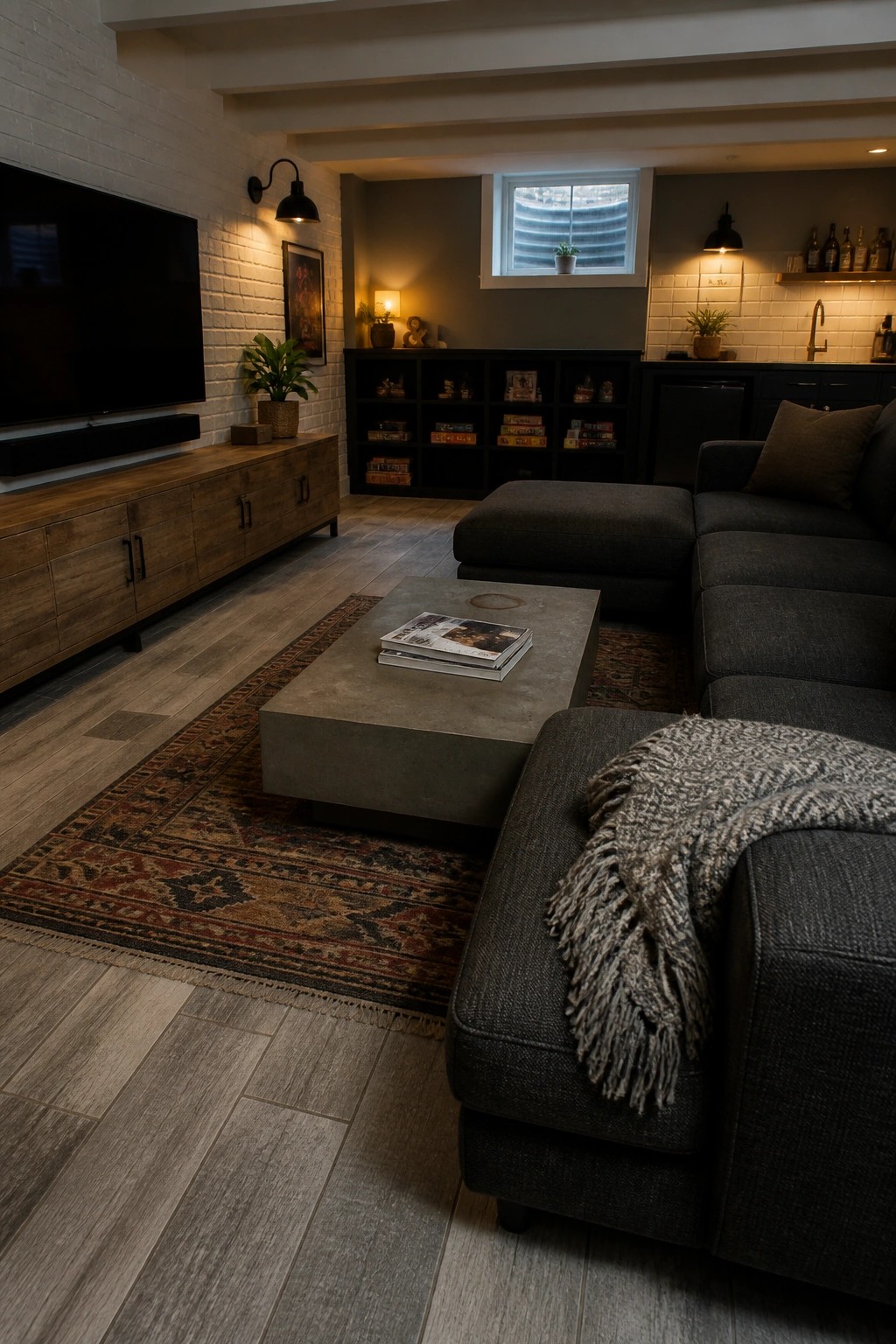 A living room with gray wood look tile flooring, a dark sectional sofa, concrete coffee table, and black storage unit against a white brick wall.