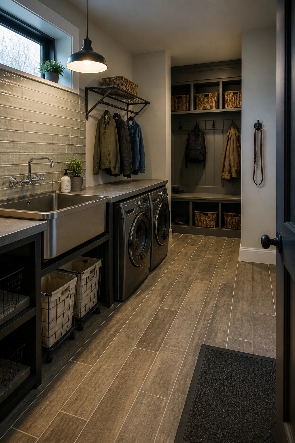 A laundry room with wood-look tile flooring, stainless steel sink, front-loading washer and dryer, hanging jackets, and built-in storage with baskets.