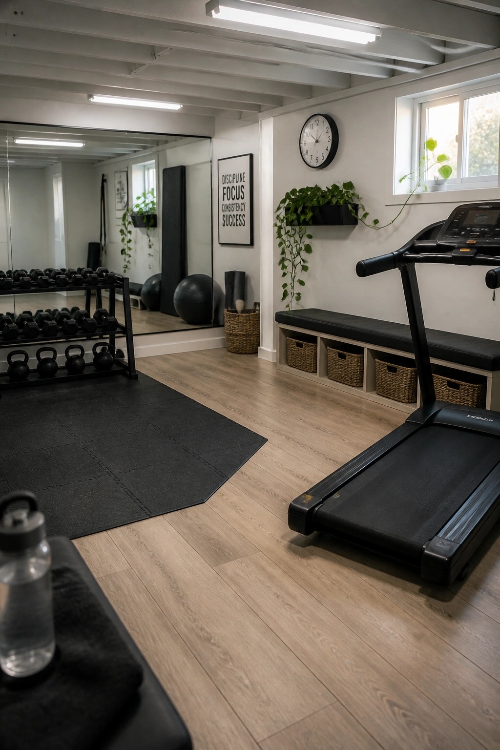 A basement gym with wood look tile flooring, a treadmill, dumbbell rack, exercise balls, and wall mirror.