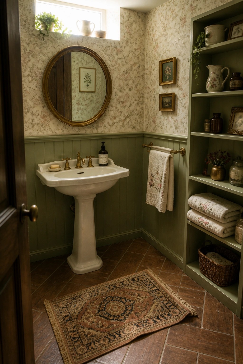 A bathroom with wood look tile flooring, a white pedestal sink, green wainscoting, floral wallpaper, and a built-in shelf unit holding towels and pottery.