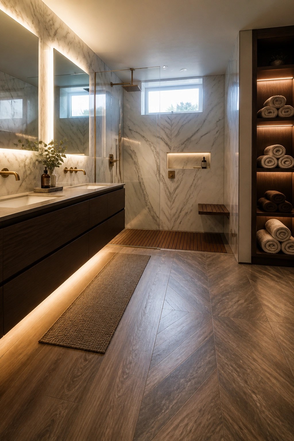 Luxurious modern bathroom with marble walls, dark wood vanity, glass shower, and rolled towels.