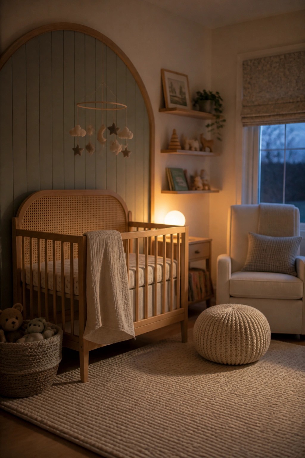 A wooden crib with a woven headboard sits beneath an arched wood trim accent wall painted in muted green with vertical slats, next to a hanging mobile and nursery furniture.