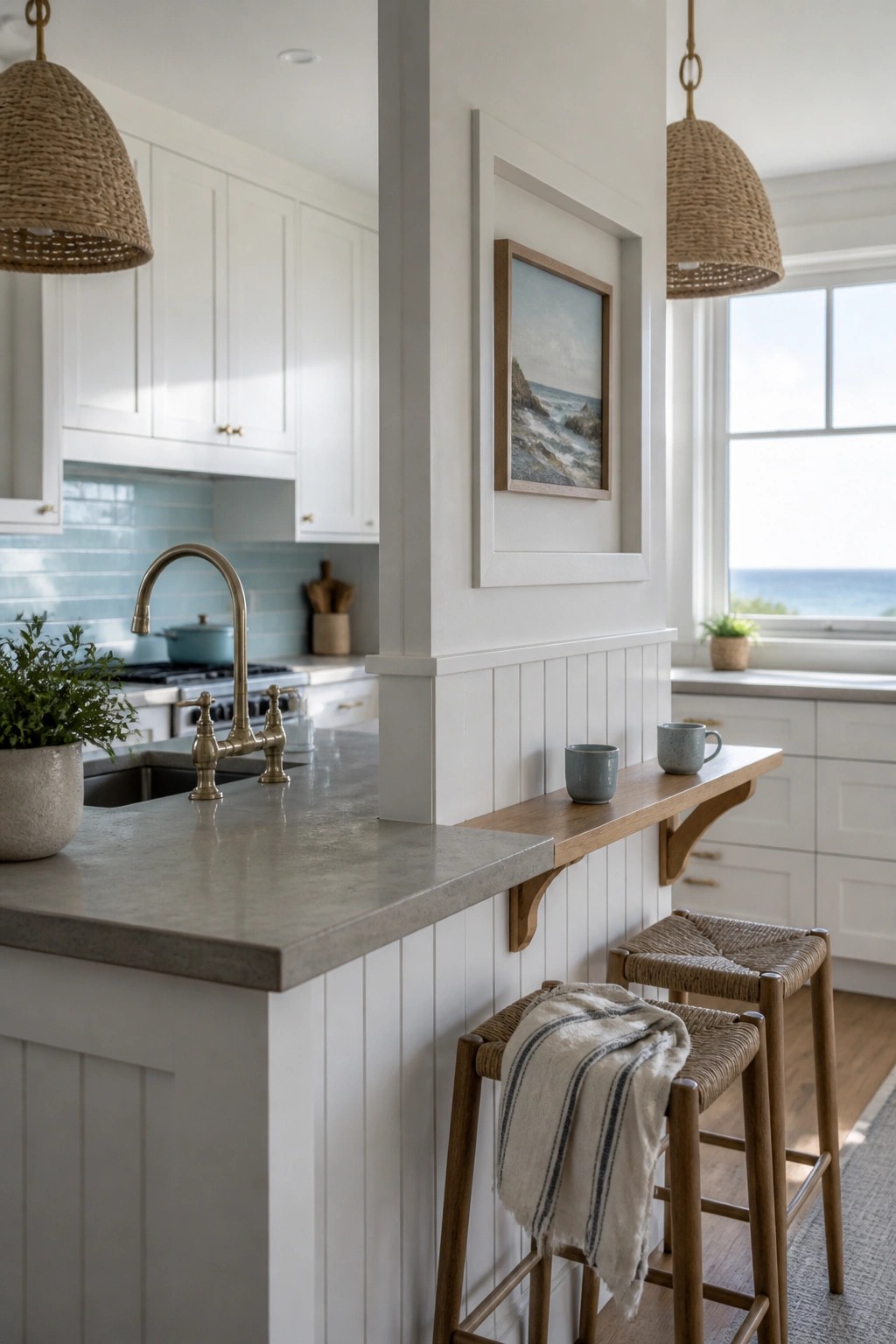 A kitchen with white beadboard walls, a wooden ledge on brackets holding two mugs, and woven bar stools in front.