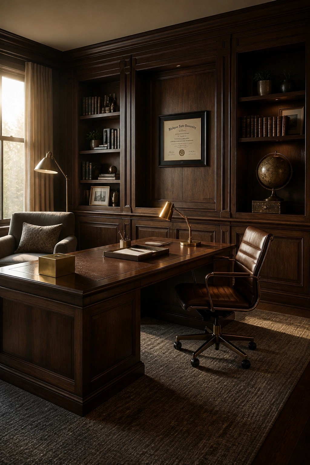 A home office with dark wood built-in bookshelves, a large wooden desk, a brown leather chair, and a framed diploma on the wall.