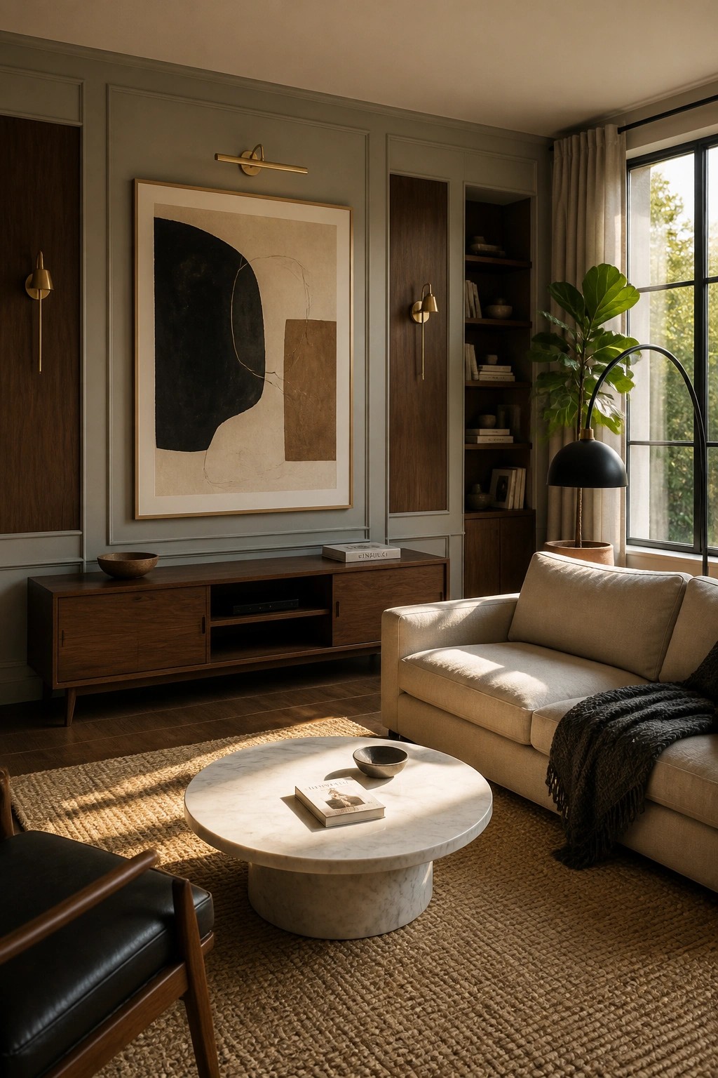 A living room with gray paneled walls, wood built-in shelving, a large abstract painting above a wooden media console, and a beige sofa on a woven rug.