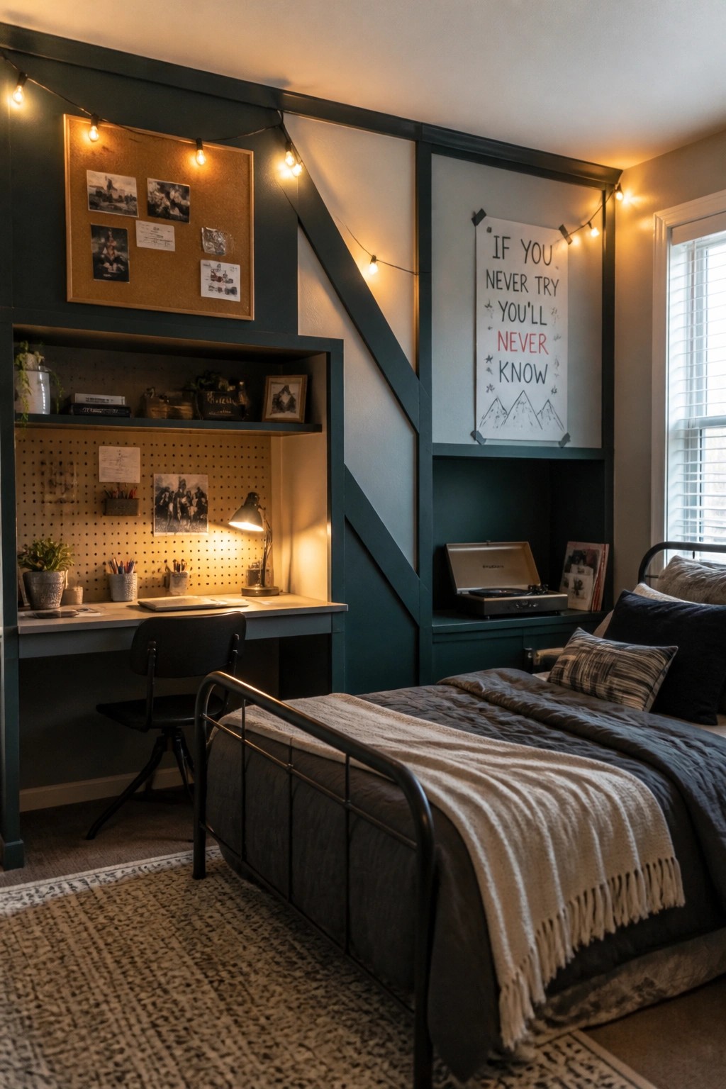 A bedroom with dark green geometric wood trim on the walls, a built-in desk with pegboard, a bed with gray bedding, and string lights along the trim.