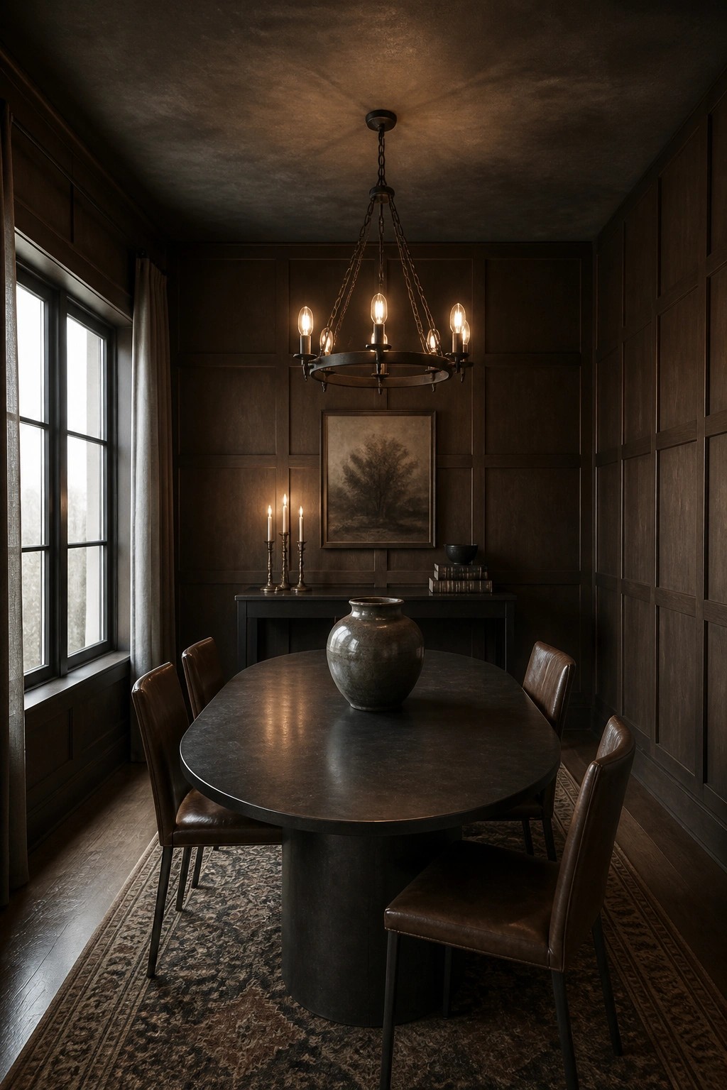A dining room featuring dark wood paneled walls, a round table with leather chairs, a chandelier, and a console table beneath framed art.