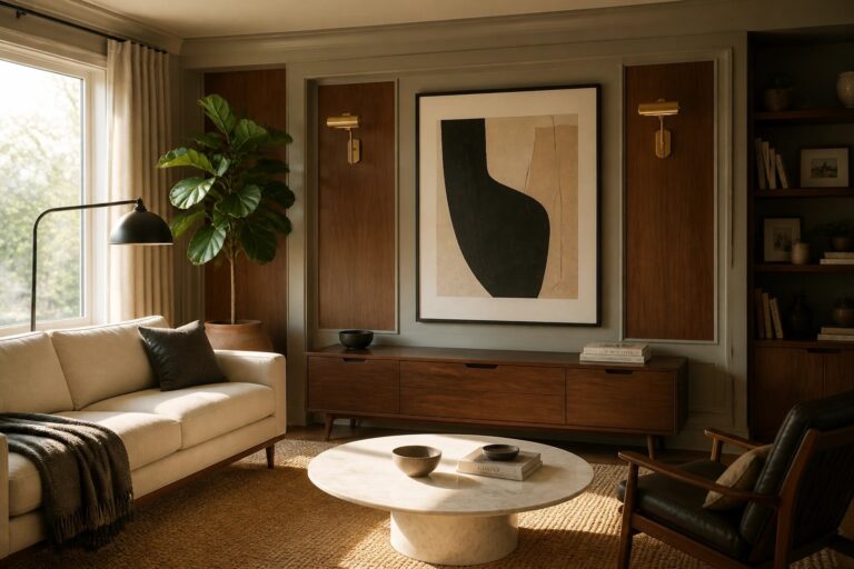 22 Refined Wood Trim Wall Designs That Elevate Plain Interiors A living room with gray paneled walls, wood built-in shelving, a large abstract painting above a wooden media console, and a beige sofa on a woven rug.