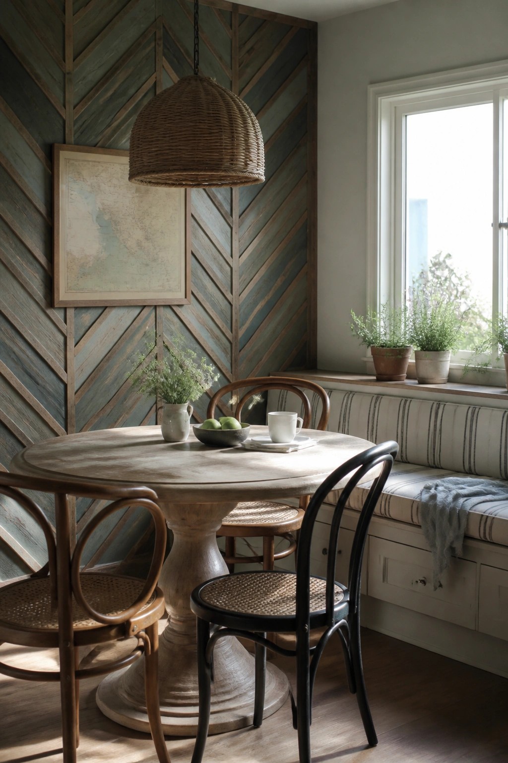 A dining area features a round table and mixed chairs in front of a blue-green herringbone wood accent wall with a large map frame and woven pendant light.