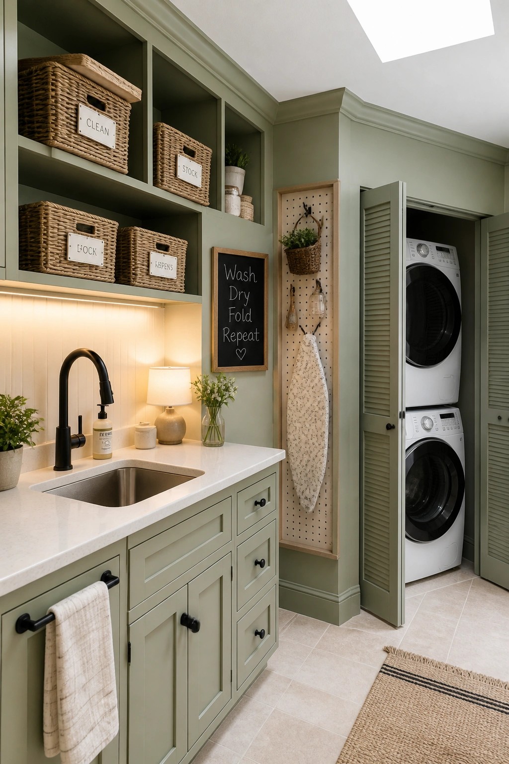 A laundry room featuring sage green painted wood cabinetry, open shelving with labeled baskets, a white countertop sink, and a stacked washer and dryer behind louvered doors.