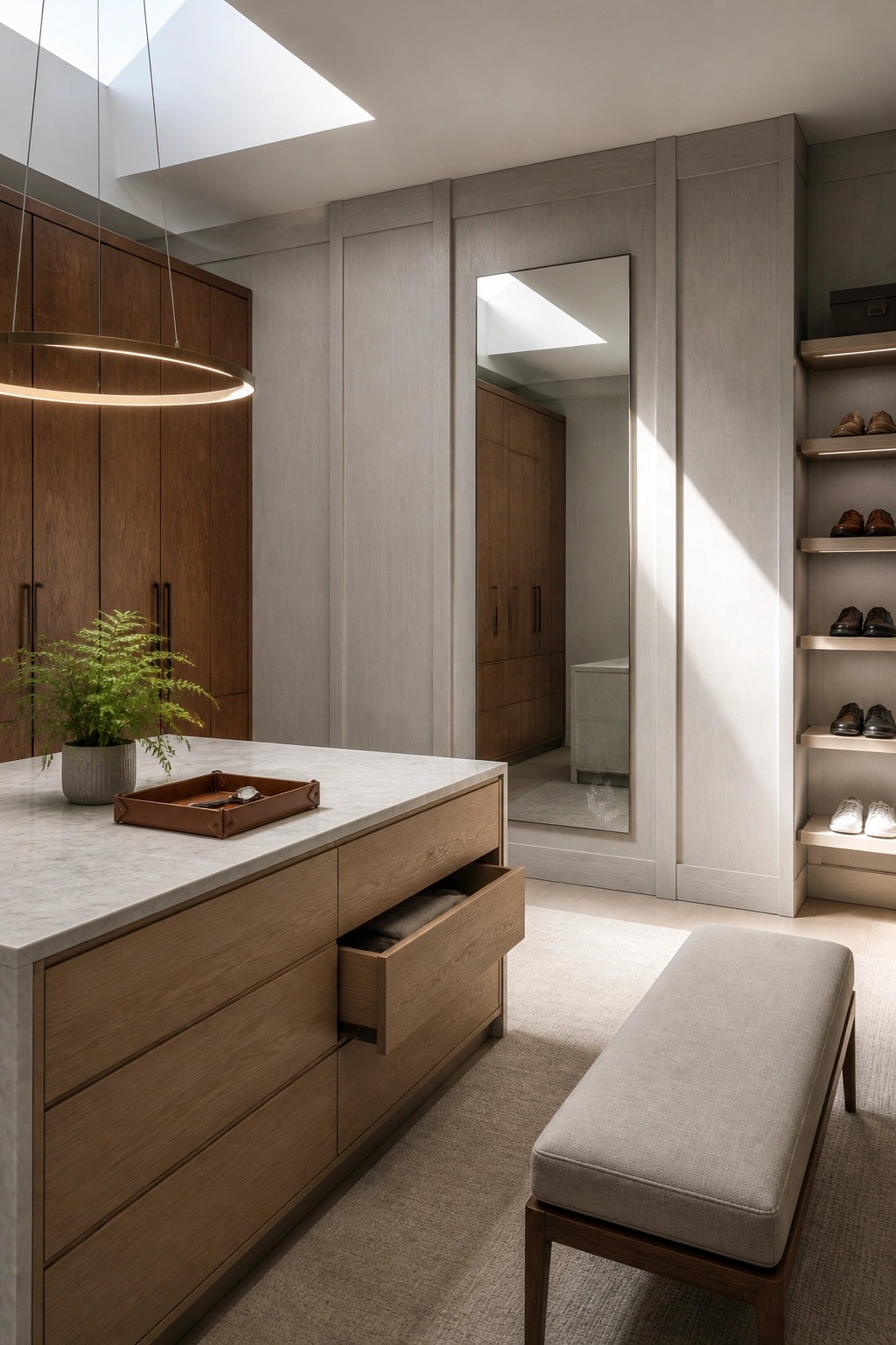 A walk-in closet with light wood vertical paneling on the walls, a marble-topped wooden island with an open drawer, and a full-length mirror on one wall.