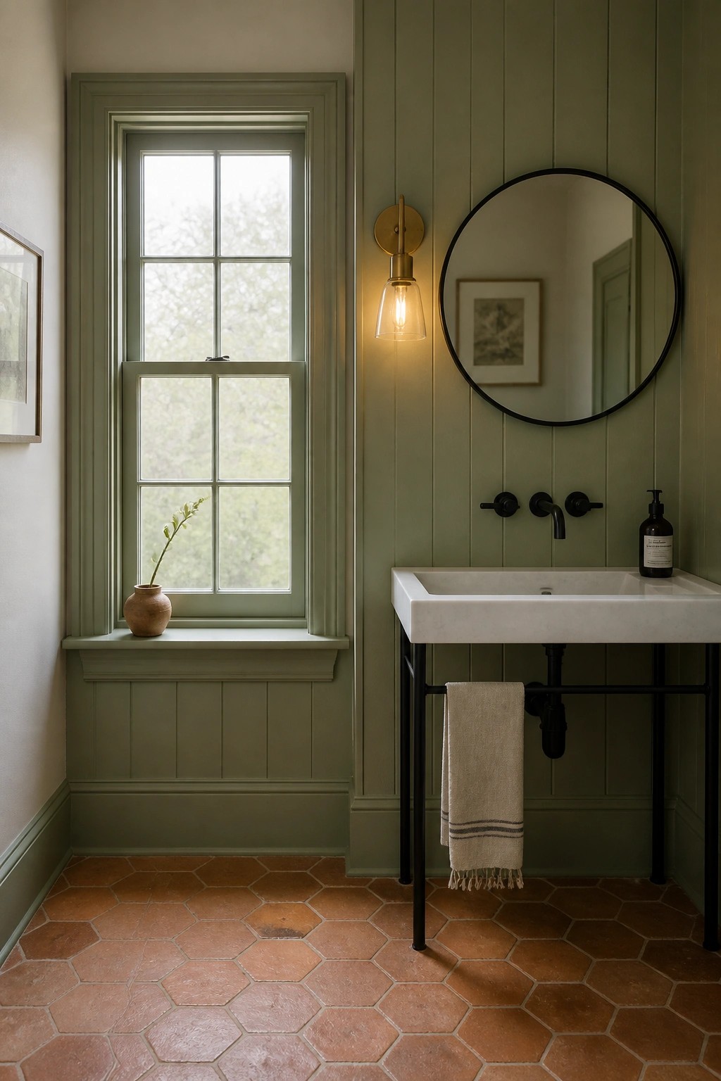 A bathroom interior featuring sage green vertical wood paneling on the walls, a white marble sink with black metal legs, a round black-framed mirror, and a multi-pane window with matching green trim above terracotta hexagonal floor tiles.