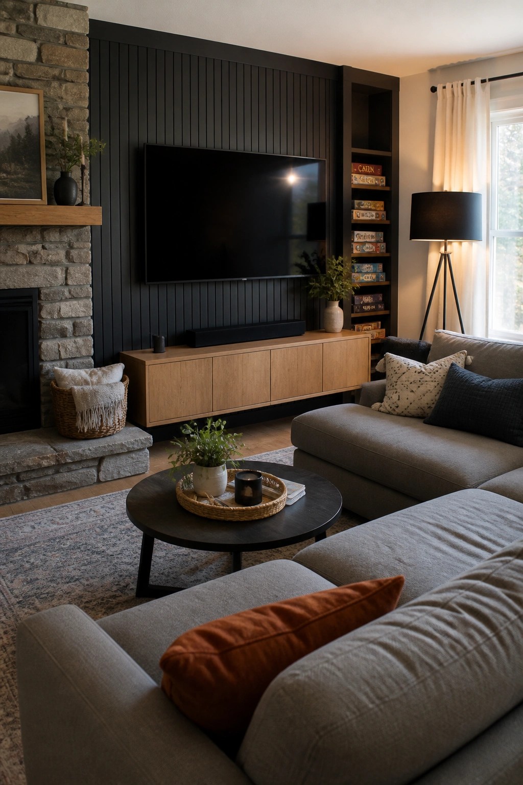 A living room with a black vertical wood paneled accent wall behind a wall-mounted TV and light wood media console, gray sectional sofa in the foreground, stone fireplace to the left, and round coffee table.
