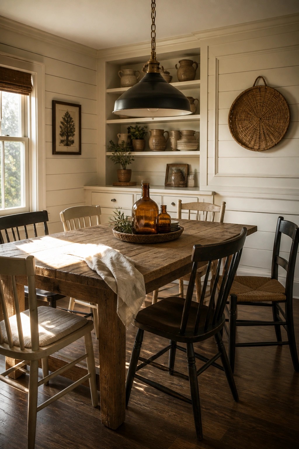 A dining room with white vertical wood paneling on the walls, built-in shelves holding pottery, a wooden table with chairs, and a large black pendant light overhead.