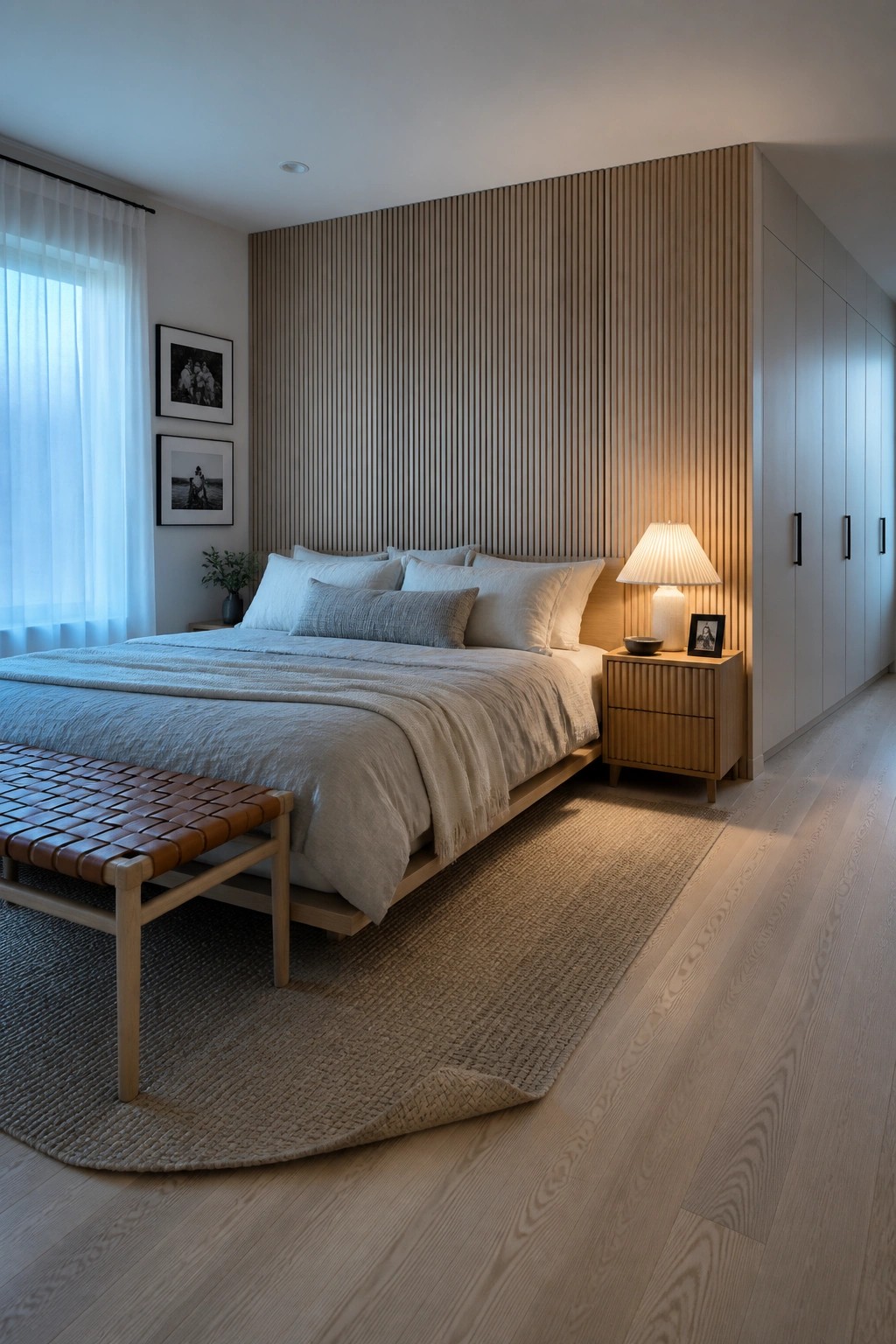 A bedroom featuring a low platform bed against a full wall of vertical wood slats, with a wooden nightstand holding a lamp to the right.