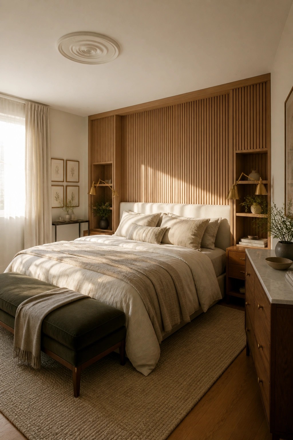 A bedroom featuring a bed with neutral linens positioned against a wall with vertical wood slats and integrated shelves on both sides.
