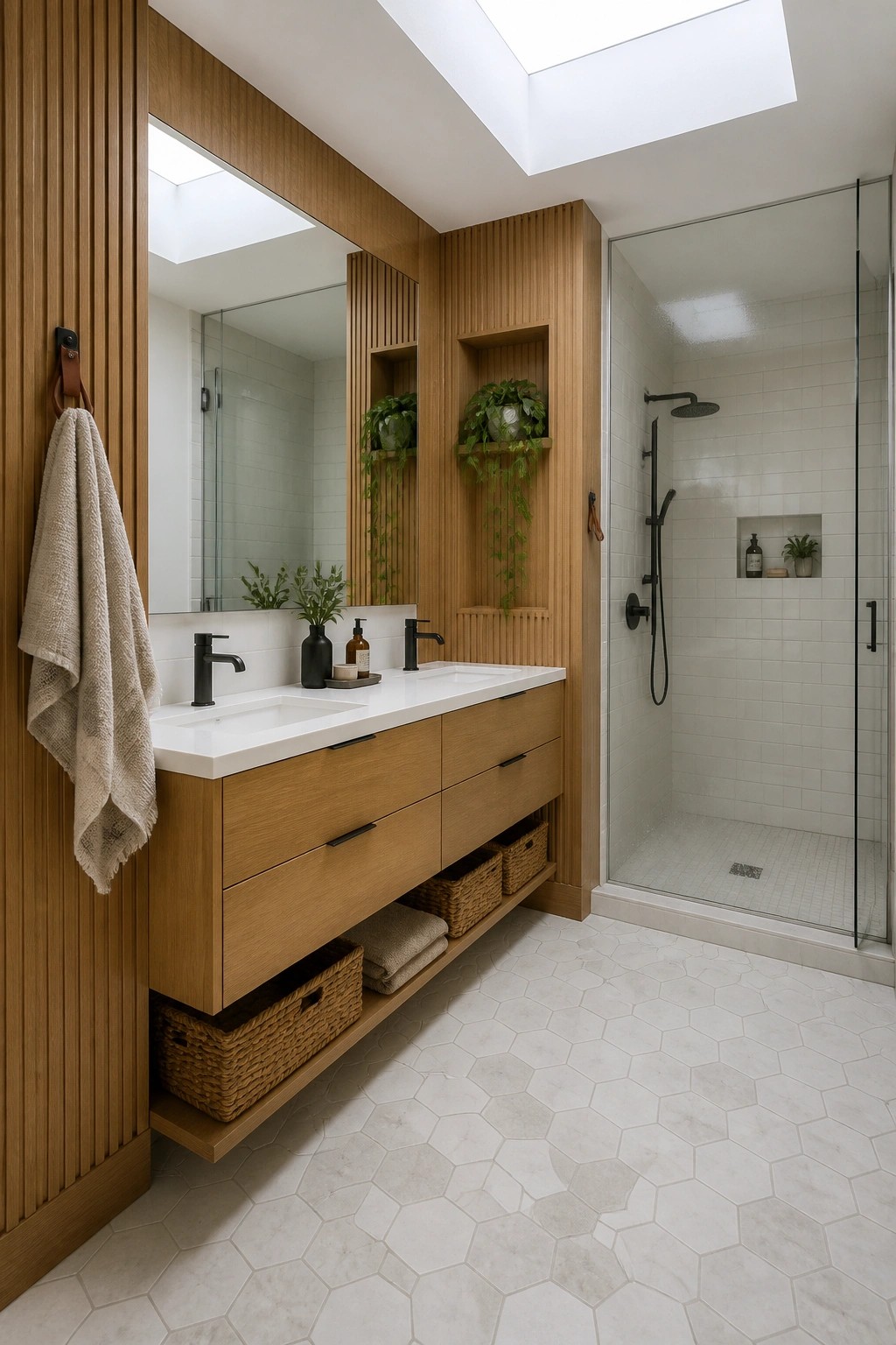A bathroom with vertical wood slat walls framing a double vanity, white countertop, and black fixtures, next to a glass shower enclosure with white tiles and built-in niches.
