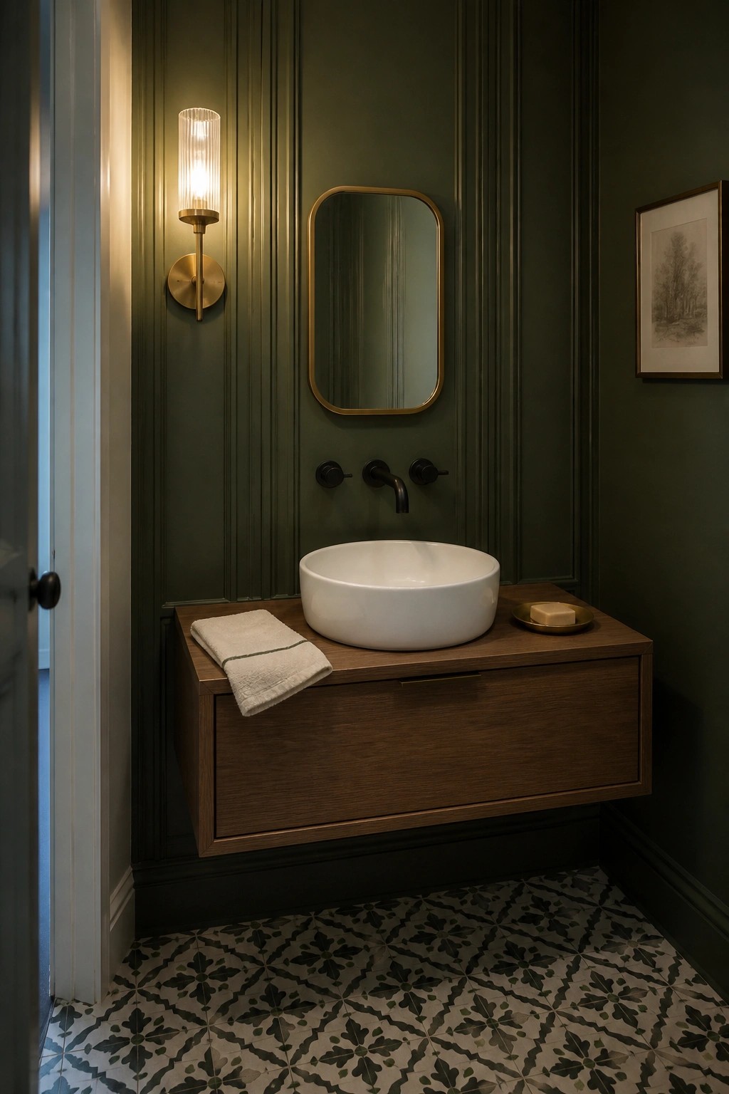 A powder room with dark green vertically paneled walls, a white vessel sink on a floating wood vanity, black wall-mounted faucet, and a brass wall sconce.