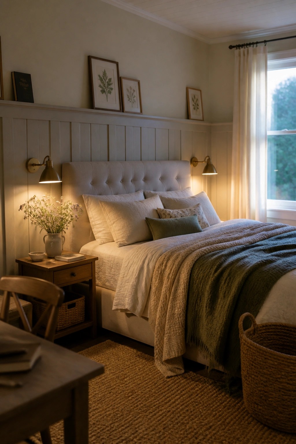 Cozy bedroom with tufted bed, green throw, woven rug, and wall sconces.