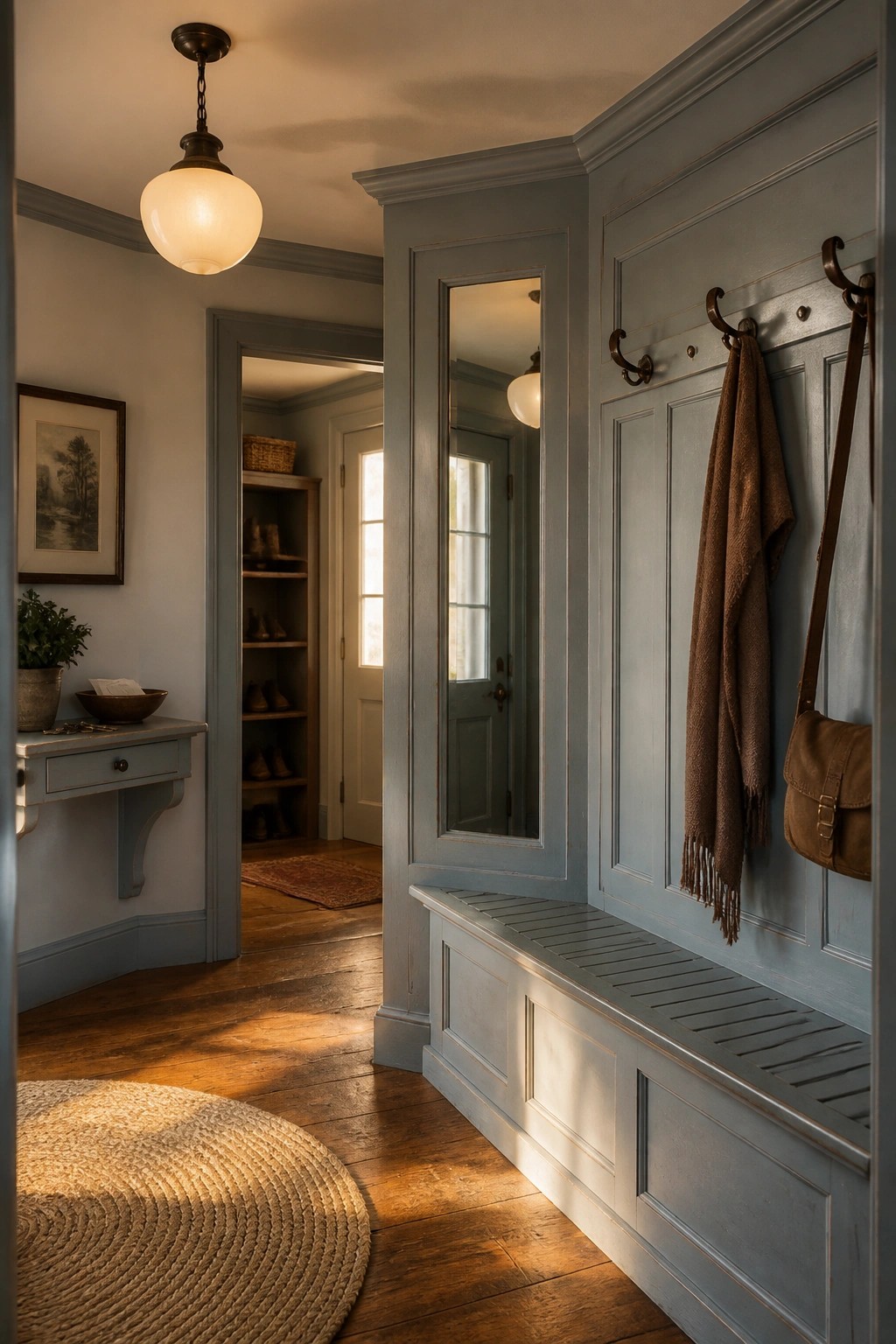 A blue-gray painted wood paneled wall with an integrated bench, mirror, and hooks holding a scarf and bag in a wood-floored entryway.