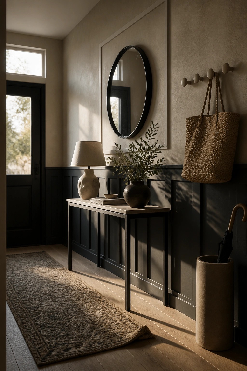 A narrow entry hallway with dark wood wainscoting on the lower walls, a slim console table holding a lamp and vase, and a round mirror above it.