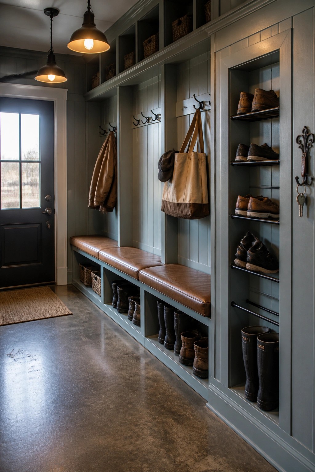 A gray-painted mudroom with built-in bench seating, wall hooks, open cubbies, and a tall glass-door cabinet holding shoes.
