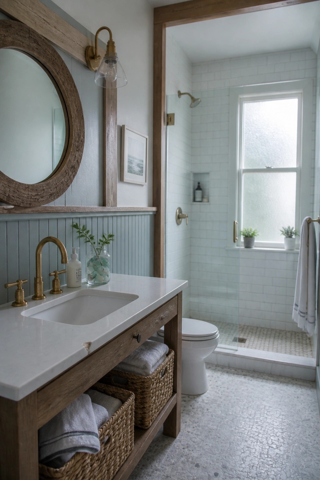 A bathroom with white wainscoting, a horizontal wood ledge, a round wood-framed mirror, and a wooden vanity with brass fixtures, opening to a white-tiled shower.