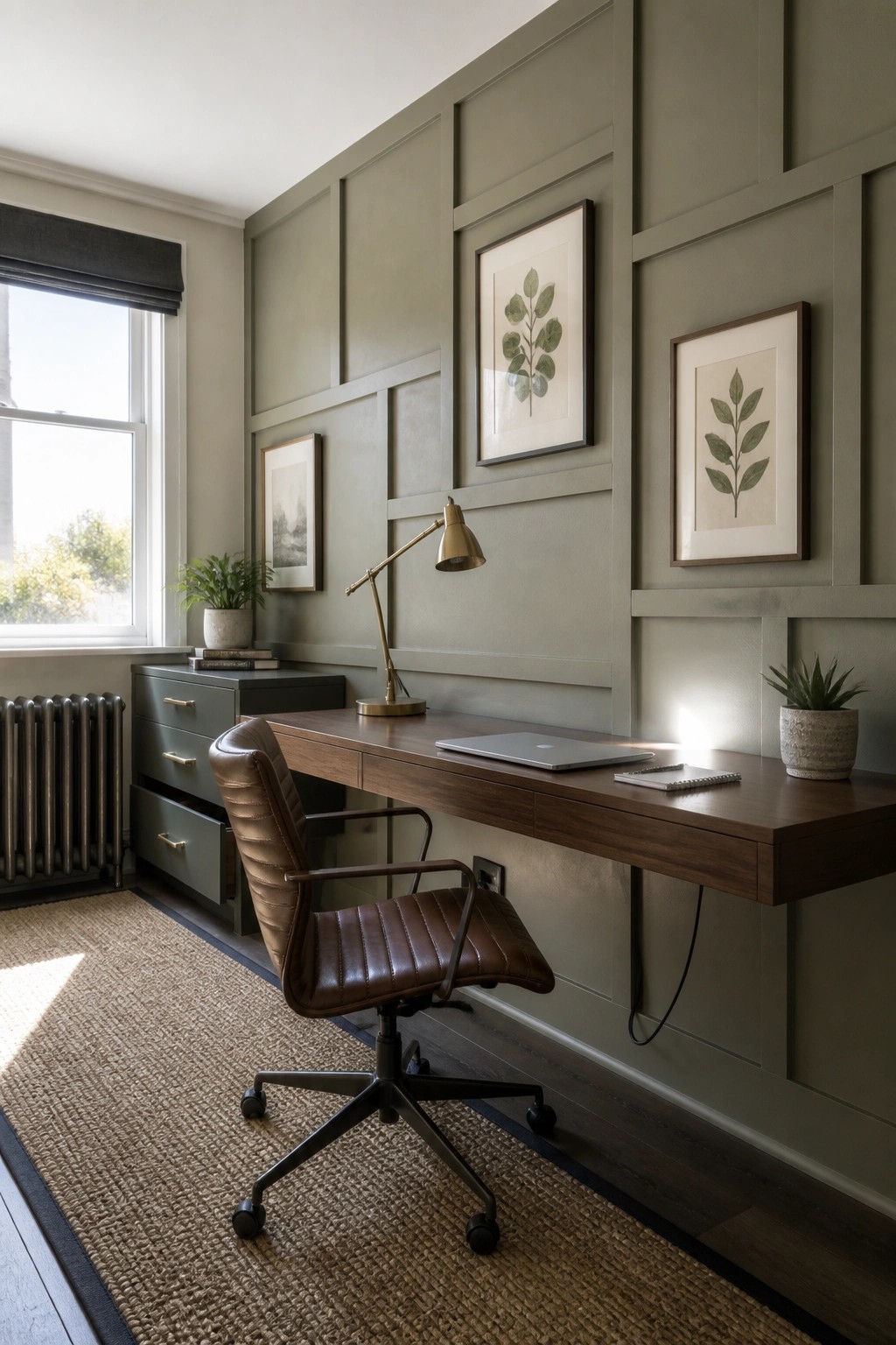 A home office desk against a sage green wall with wood trim forming rectangular panels, two framed botanical prints, a brown leather chair, and a brass desk lamp.
