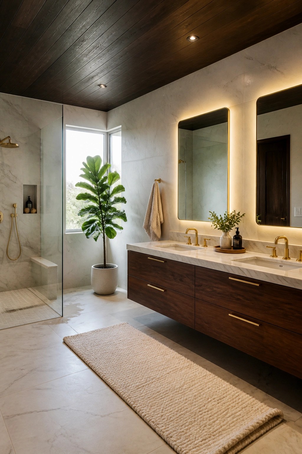 A bathroom interior featuring a dark wood plank ceiling, white marble walls and floor, a floating dark wood vanity with gold fixtures, and a glass-enclosed shower area.