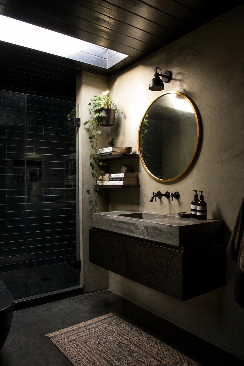 A modern bathroom with a dark wood plank ceiling, skylight, floating concrete vanity, round mirror, and black tiled shower.