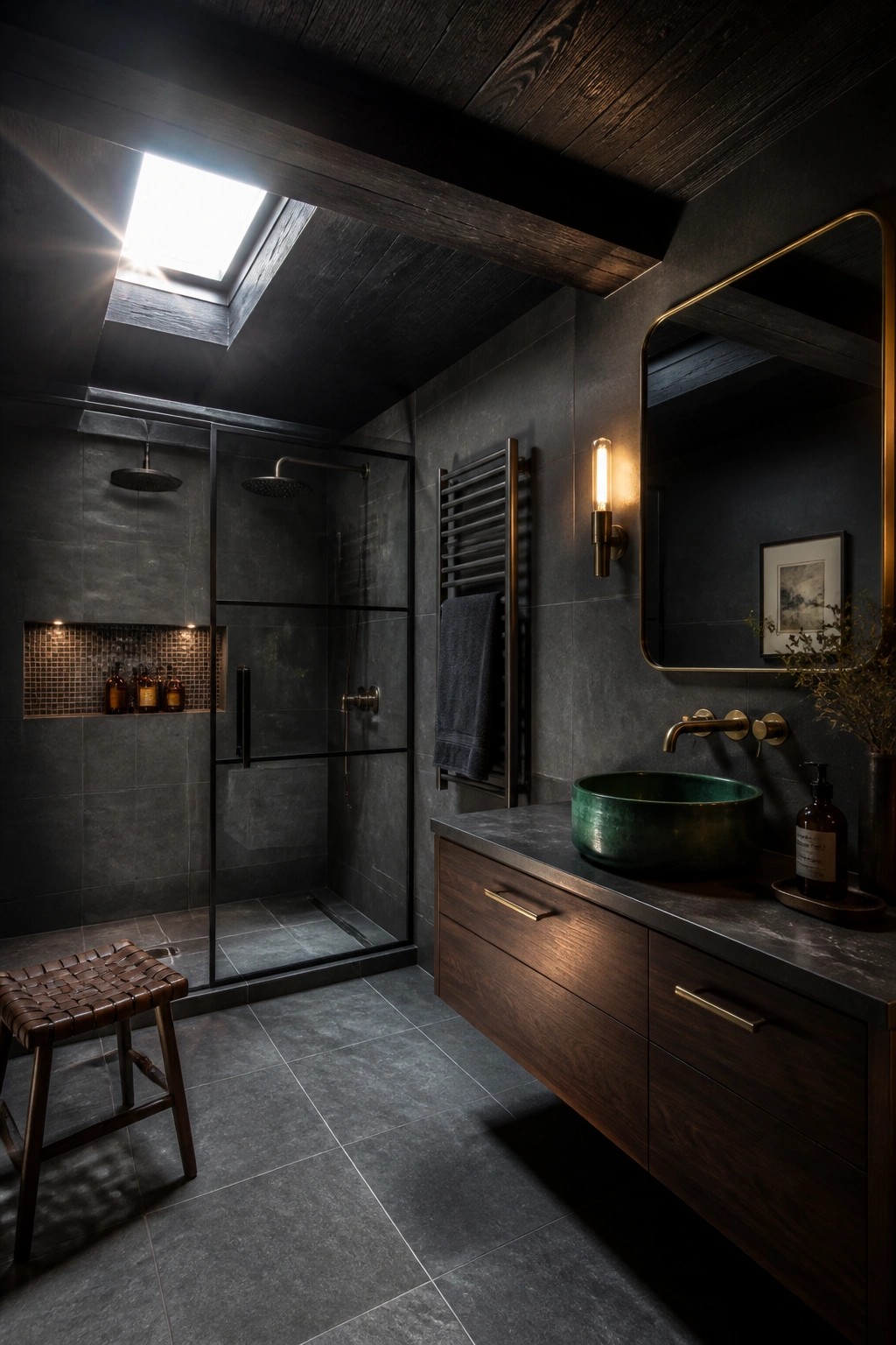 A bathroom with a dark wood ceiling, skylight, gray tiled walls, black-framed shower, wooden vanity, and green vessel sink.