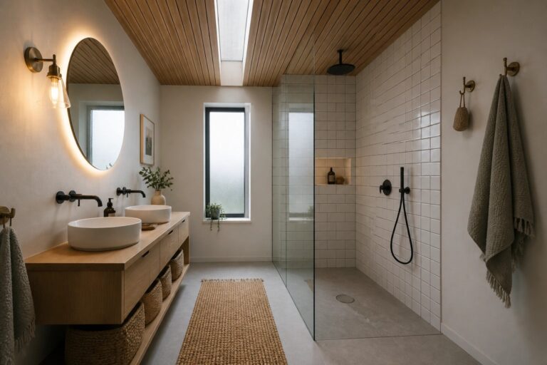 25 Clever Wood Ceiling Bathroom Ideas Using Moisture-Friendly Finishes A bathroom with a wood plank ceiling, skylight, white subway tile walls, floating wood vanity with two vessel sinks, and a walk-in shower.