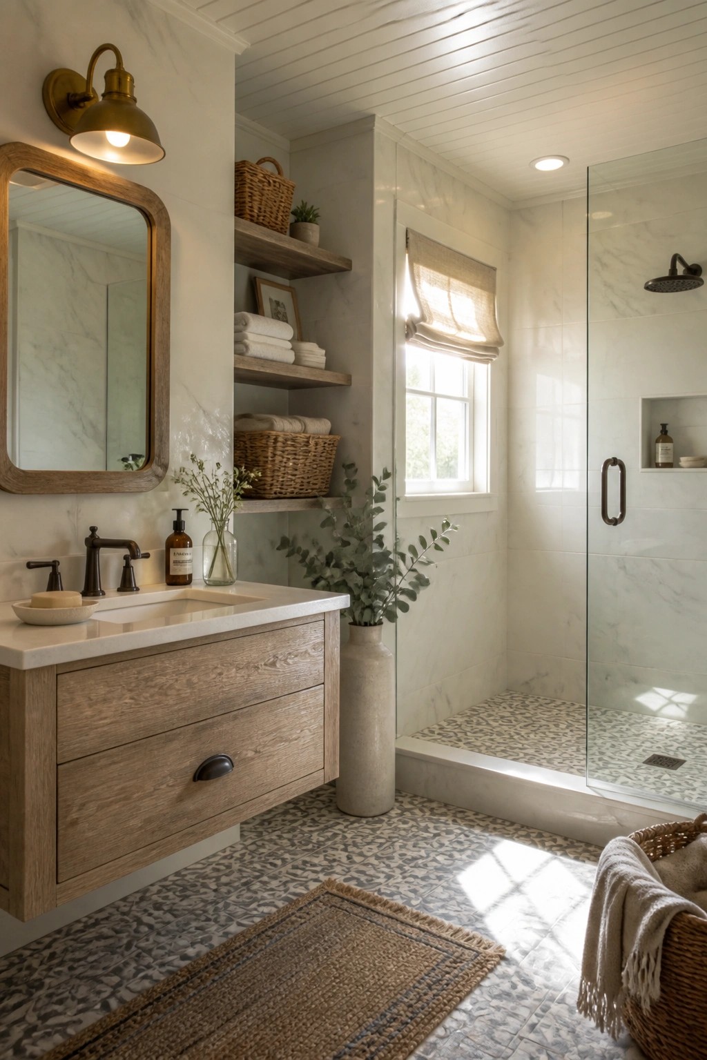 A bathroom with a white painted wood plank ceiling, marble walls, a floating wood vanity, and patterned floor tiles.