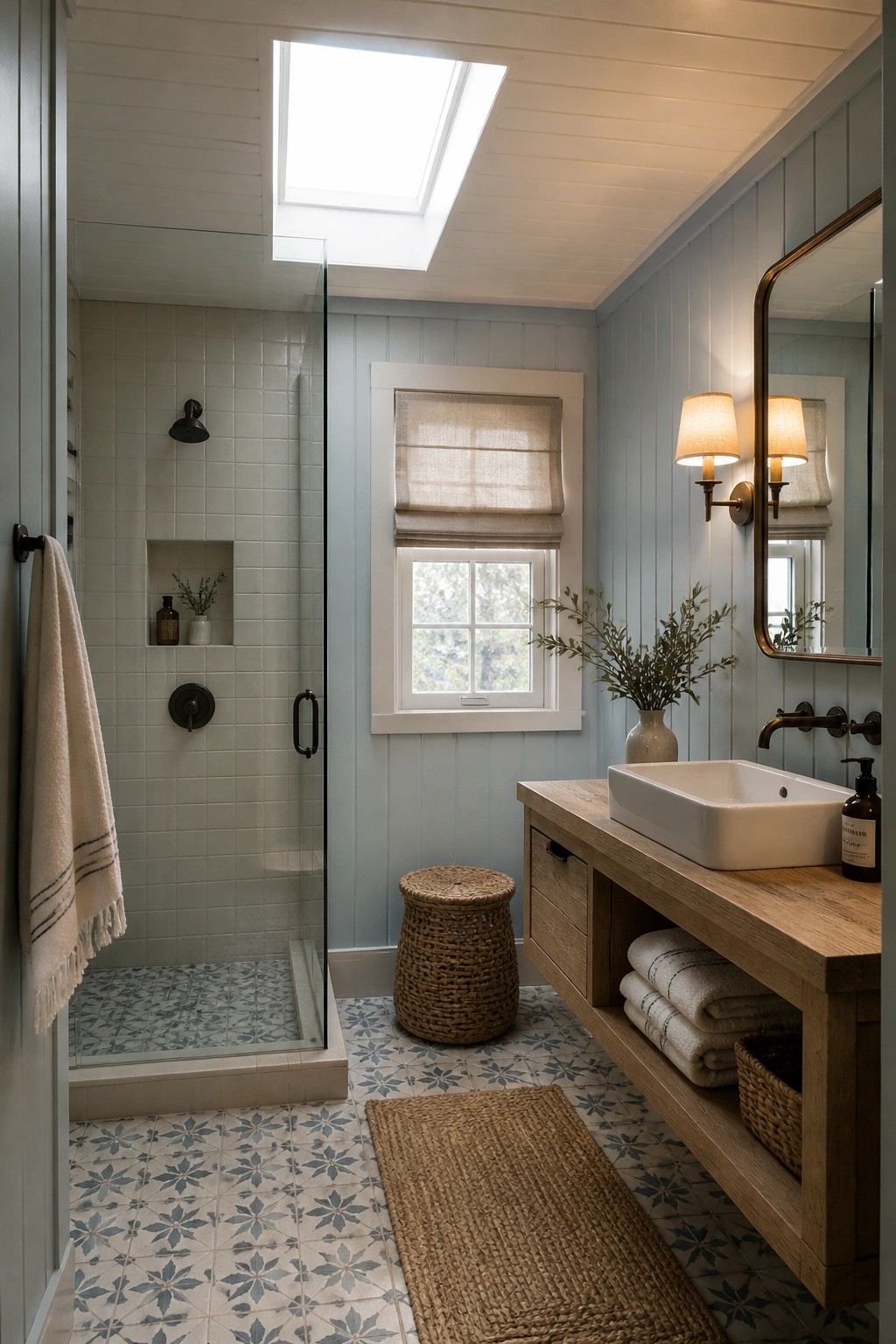 Bright bathroom with blue walls, wooden vanity, glass shower, and skylight.