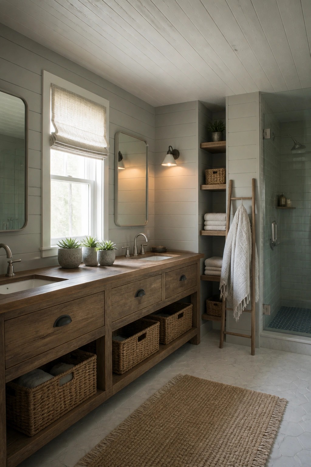 A bathroom interior showing a whitewashed wood plank ceiling above a wooden vanity with sinks and a glass shower enclosure.