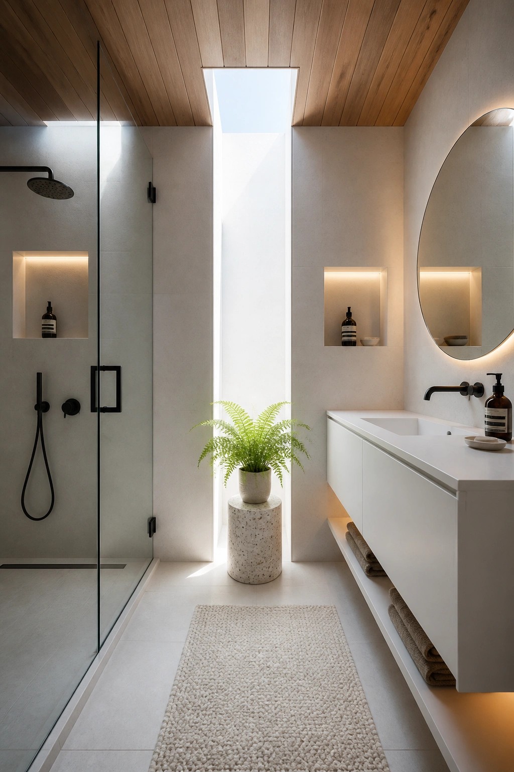 A modern bathroom featuring a wood slat ceiling, white walls, a glass-enclosed shower, a floating vanity, and a skylight above a potted fern.