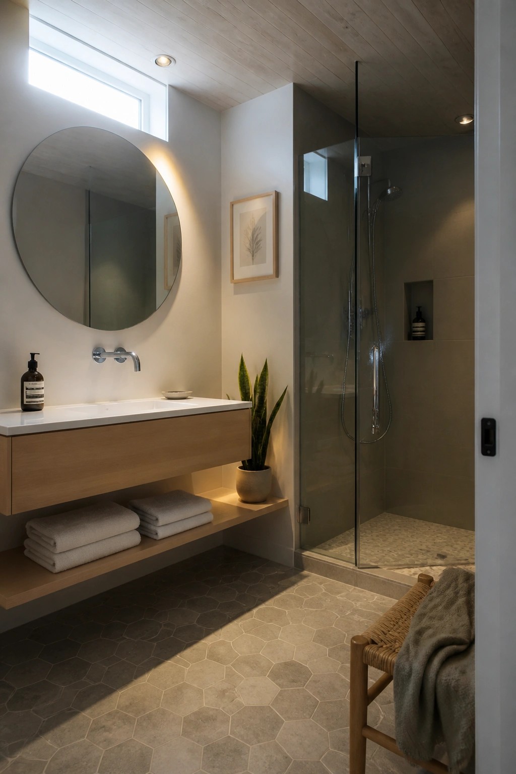 A bathroom interior with a light wood plank ceiling, floating wood vanity, round mirror above the sink, glass shower enclosure, and hexagonal floor tiles.