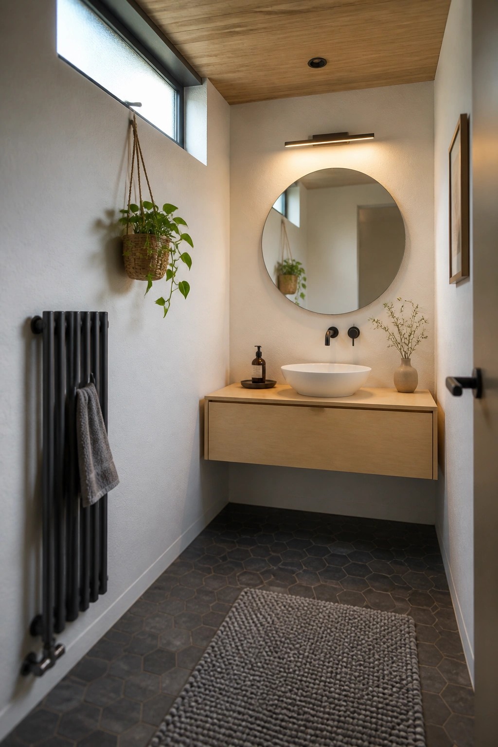 A narrow bathroom featuring a light wood ceiling, white walls, a round mirror above a floating wood vanity, dark hexagonal floor tiles, and a hanging plant near a tall window.