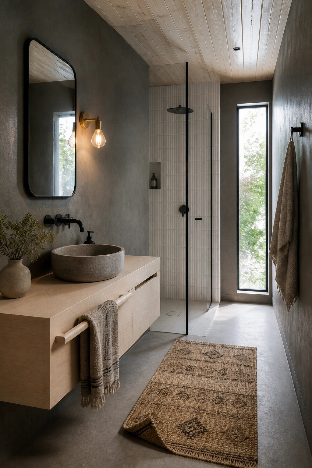 A bathroom with a light wood plank ceiling, gray concrete walls, a floating light wood vanity with a round stone sink, and a glass-enclosed shower.